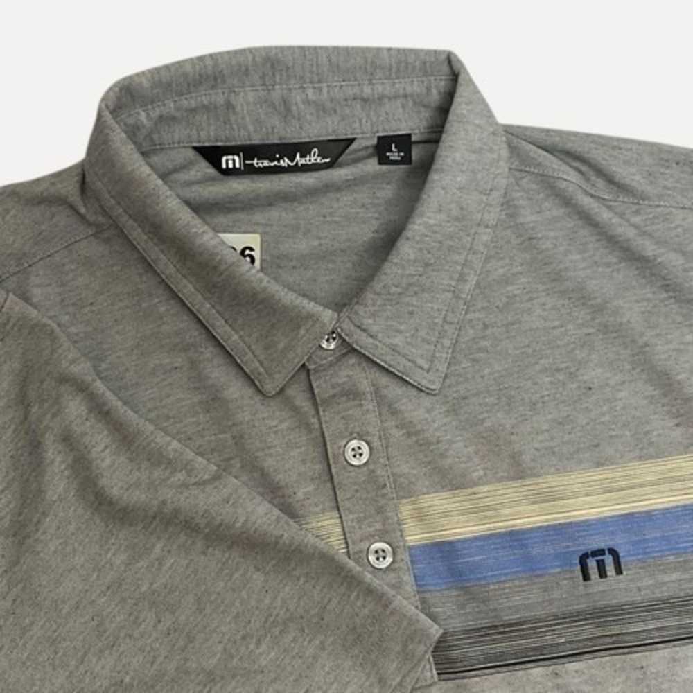 NWOT‎ Travis Mathew Gray Striped Short Sleeve Golf Polo Shirt Men L Peru